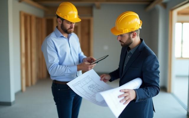 Prosjektleder som gjennomgår tegninger på en byggeplass
